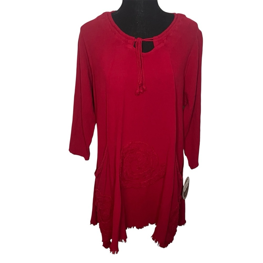 NWT Oh My Gauze! Tunic Dress Sz OS Minimalist Lagenlook Red Ruby Geo Cotton